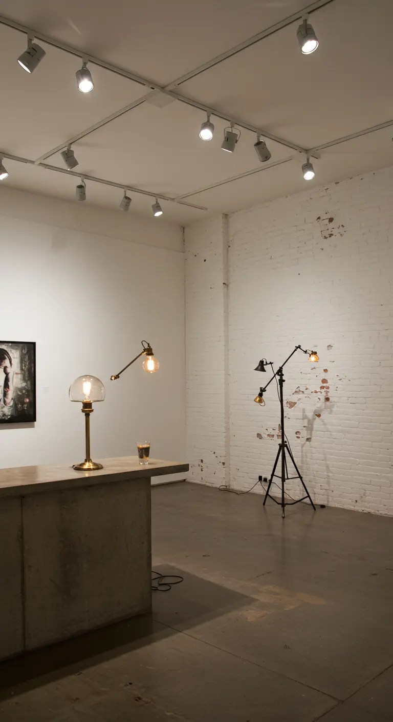 Minimalistische galerijruimte met witte bakstenen muur en industriële designlampen.