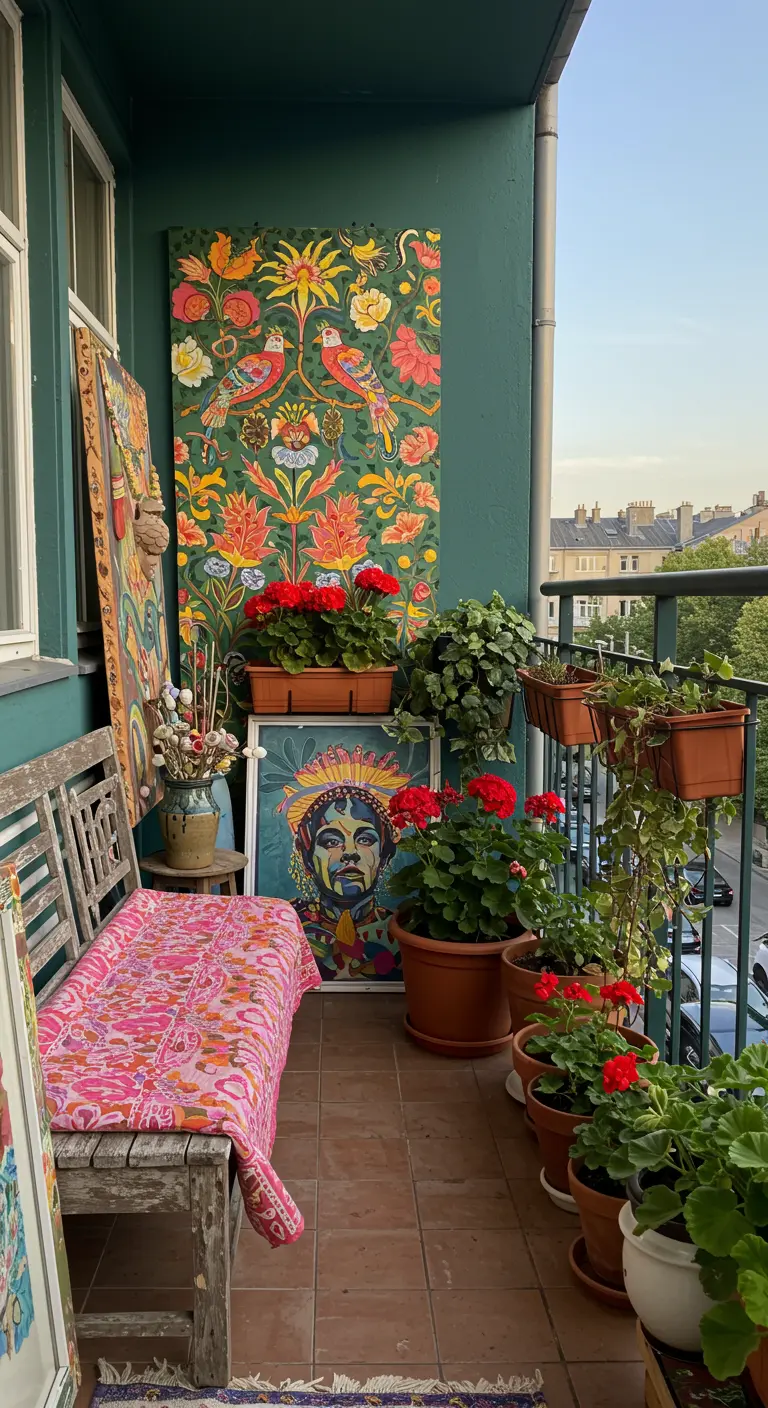 Groen balkon met vintage houten bankje, kleurrijke kunst en rode geraniums in potten.