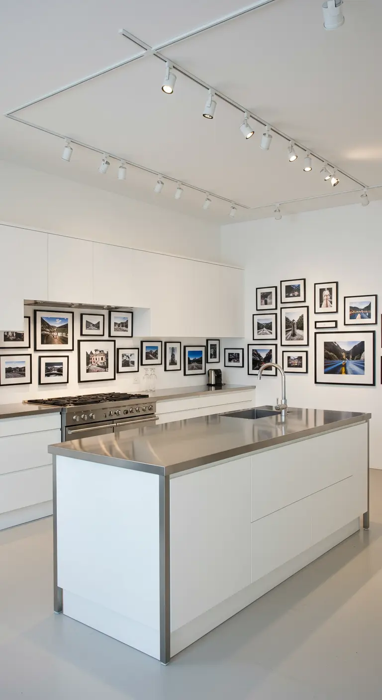 Witte keuken met roestvrijstalen eiland en een grote galerijwand met zwart-wit foto's.
