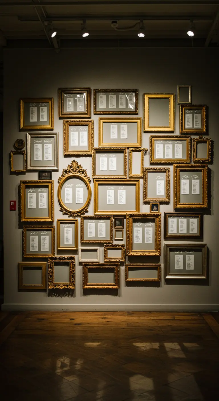 Een wand vol met verschillende vintage fotolijsten die samen een tafelschikking vormen.