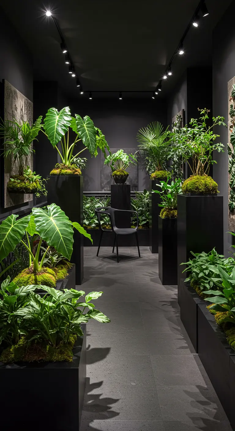 Zwarte gang met grote groene planten op sokkels en in bakken, verlicht door spotlights.