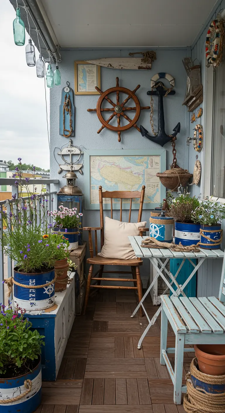 Nautische galerijmuur op balkon met stuurwiel, anker, kaart, vintage meubels en planten.