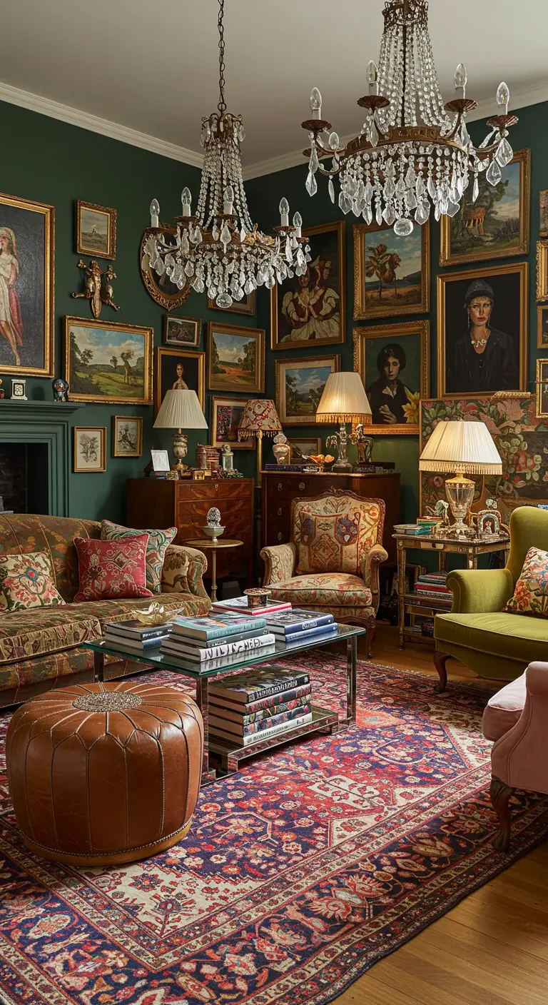 Woonkamer met Perzisch rood-blauw tapijt, groene muren en veel ingelijste kunstwerken.