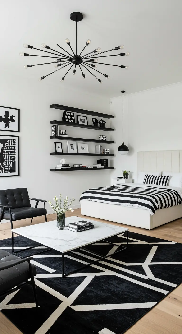 Witte slaapkamer met gallery wall, zwarte planken, gestreept beddengoed en grote sputnik kroonluchter.