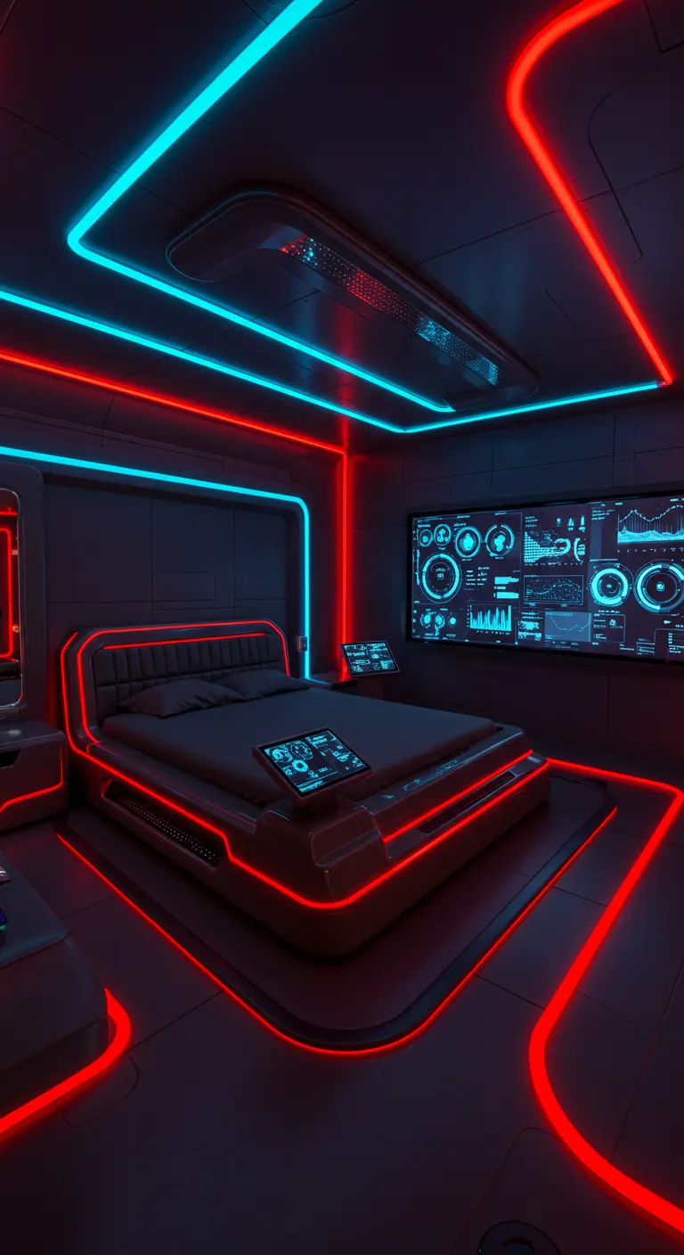 Donkere slaapkamer met scherpe rode en blauwe neon LED-lijnen, bed met verlichting en dataschermen.