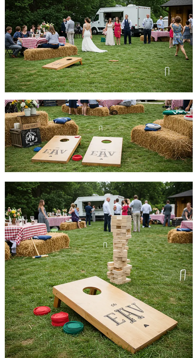 Collage van gasten die tuinspellen spelen zoals cornhole en reuze-Jenga op een bruiloft.
