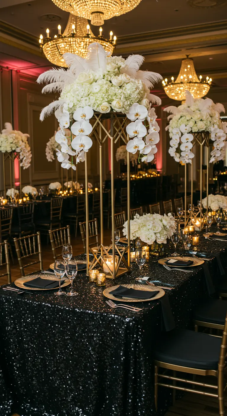 Zwarte paillettentafel met hoge gouden centerpieces vol witte orchideeën en veren.