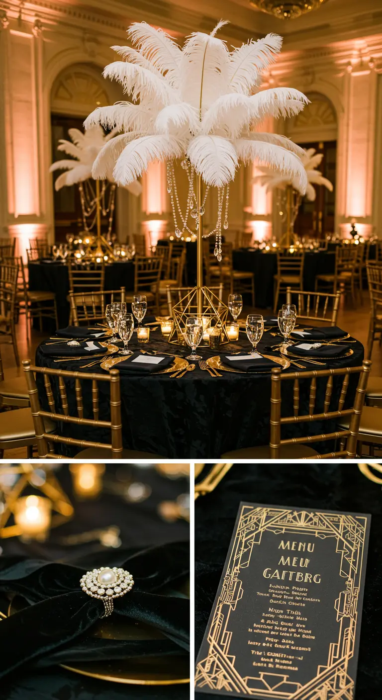Art Deco wedding with black velvet, gold accents, feather centerpieces, and pearl napkin rings.