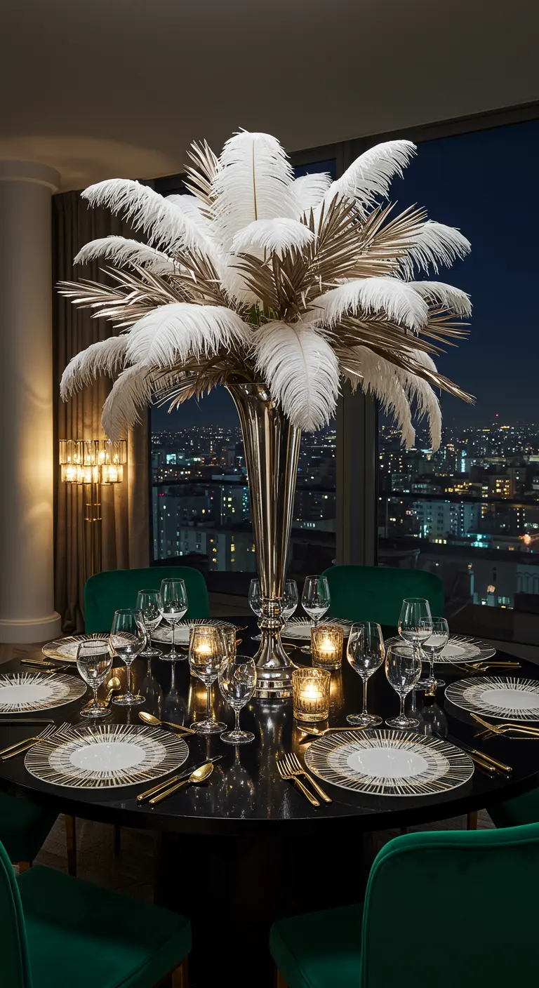 Luxe gedekte ronde tafel met groene velvet stoelen en een groot centerpiece van witte veren.