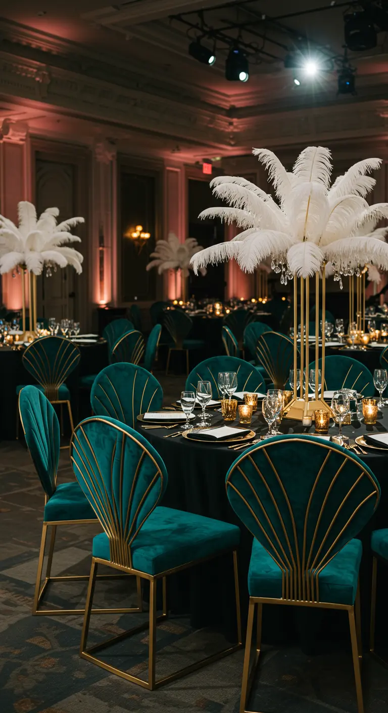 Art Deco bruiloft met smaragdgroene fluwelen waaierstoelen en veren als centerpiece.