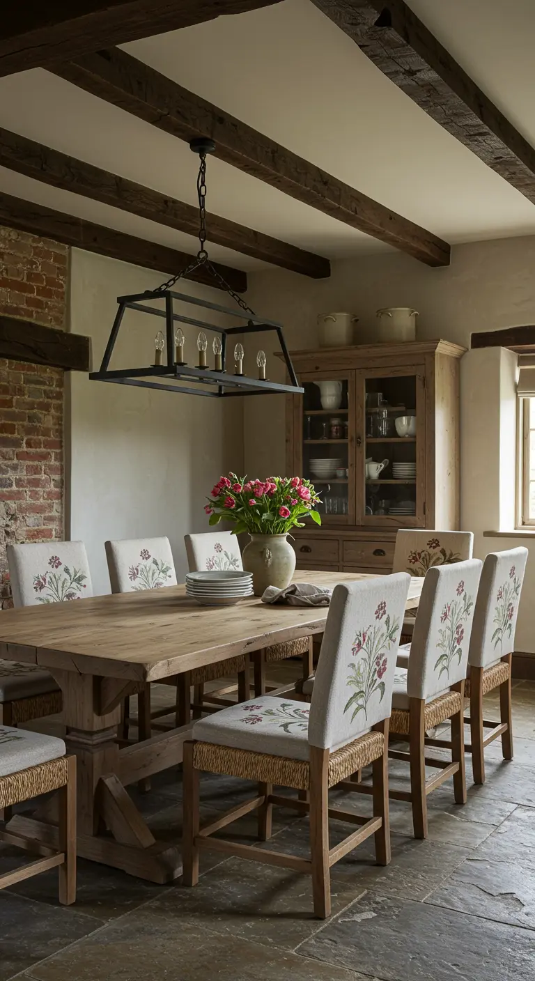 Eetkamer met houten tafel, linnen stoelen met geborduurde bloemen en zichtbare houten balken.