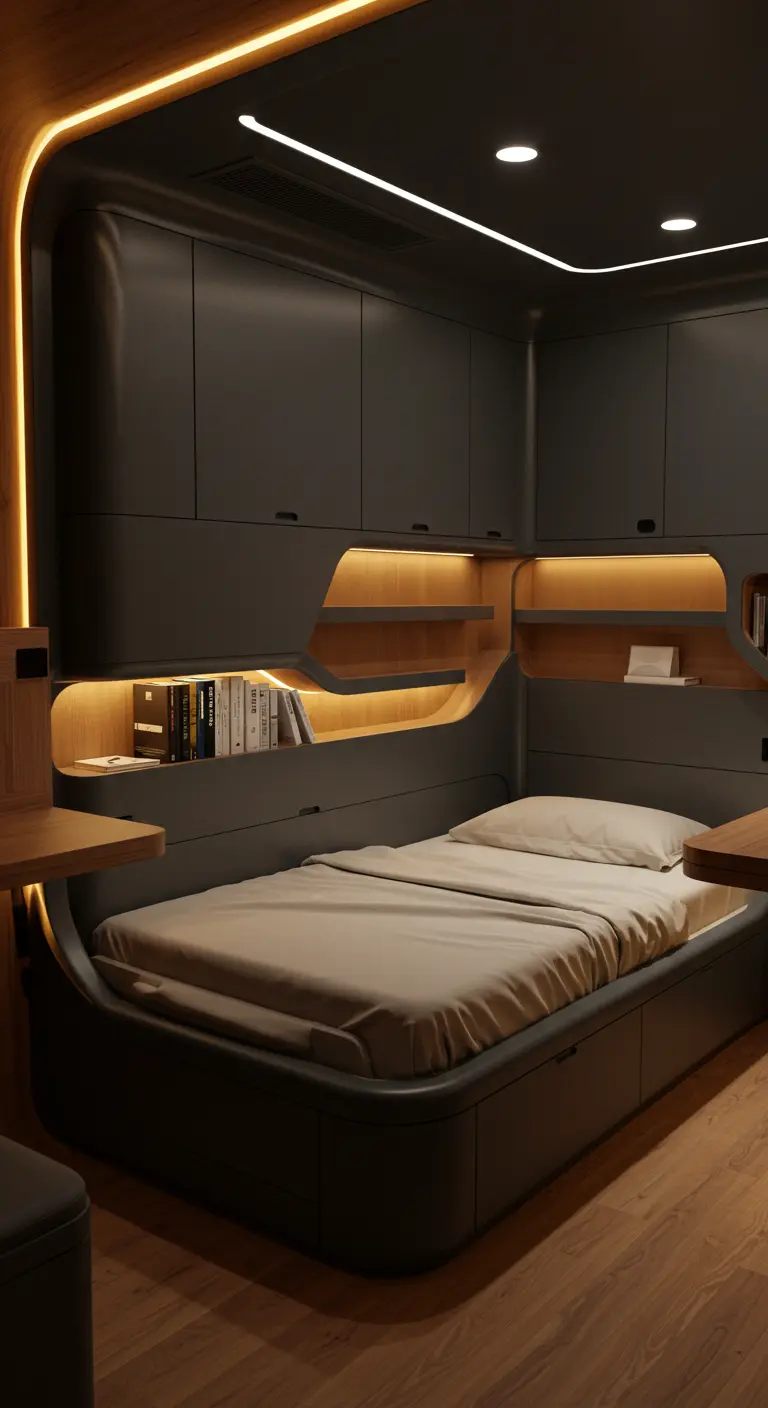 Donkere, ingebouwde slaapkamer met warm houten accenten en oranje LED-verlichting in nissen.
