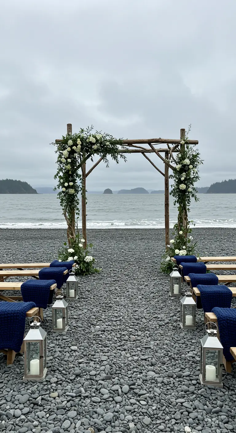 Trouwceremonie op een kiezelstrand met een houten boog en blauwe dekens op de banken.