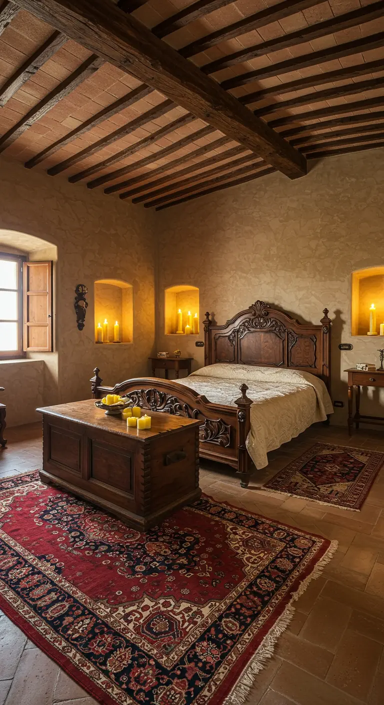 Slaapkamer in Toscaanse stijl met nissen in de muur waarin kaarsen branden en een donkerhouten bed.