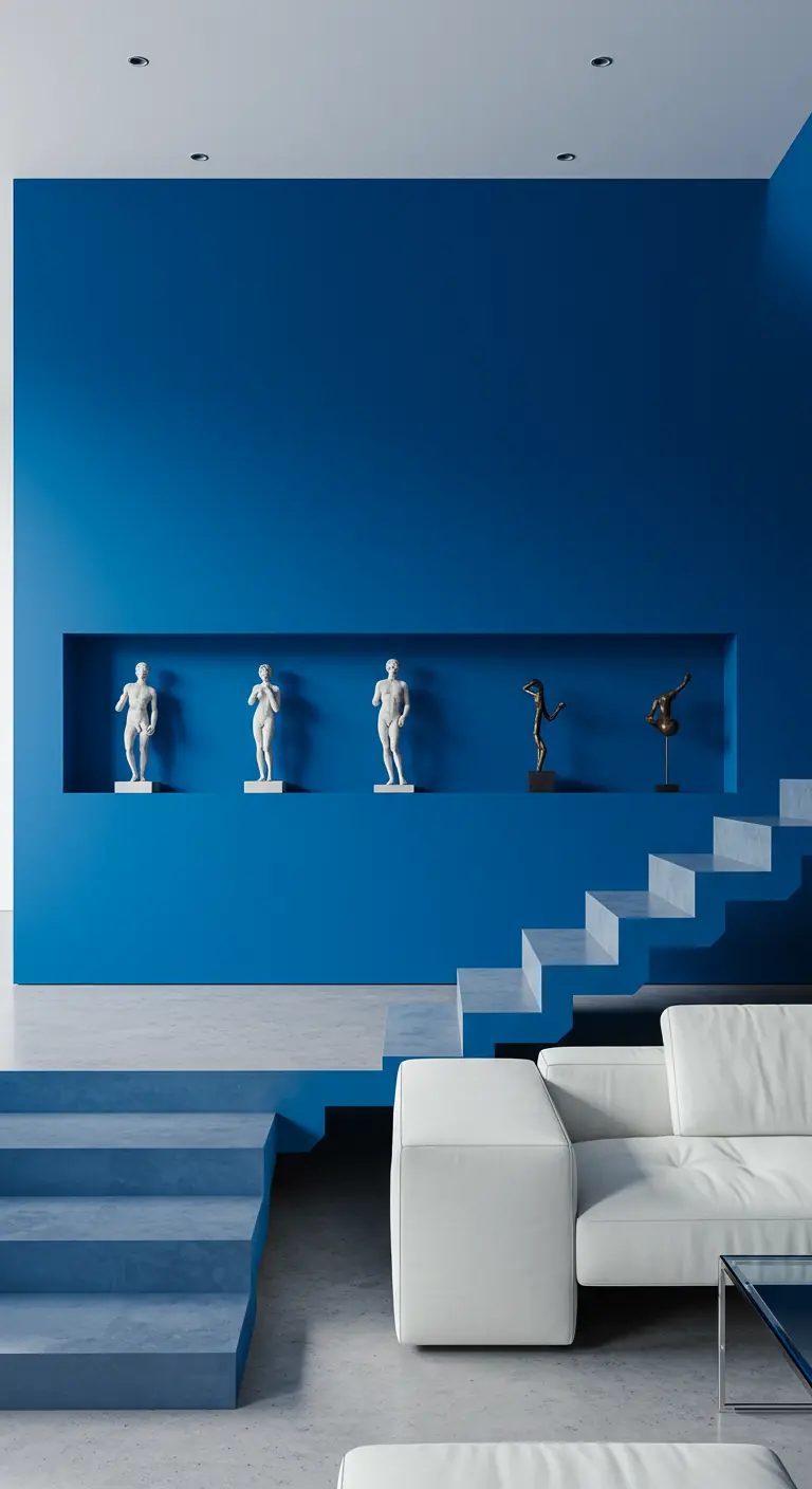 Moderne, minimalistische ruimte met een grote, kobaltblauwe muur met een ingebouwde nis.
