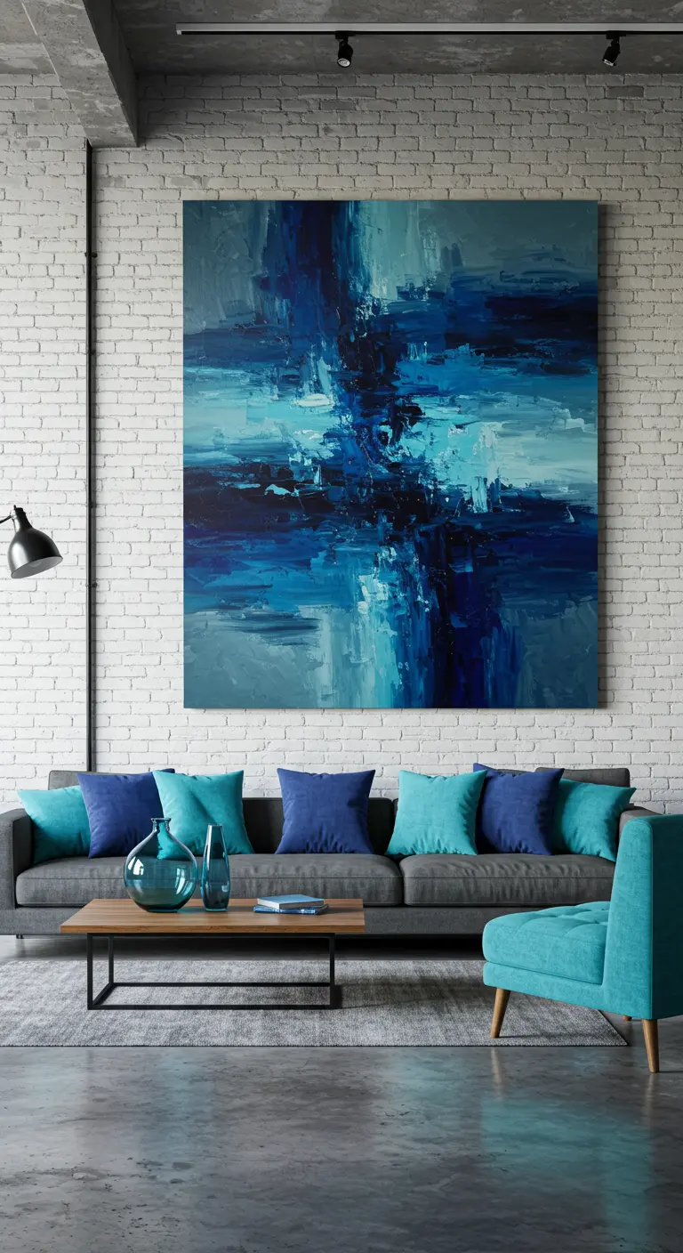Groot abstract blauw schilderij boven een grijze bank in een industriële ruimte.