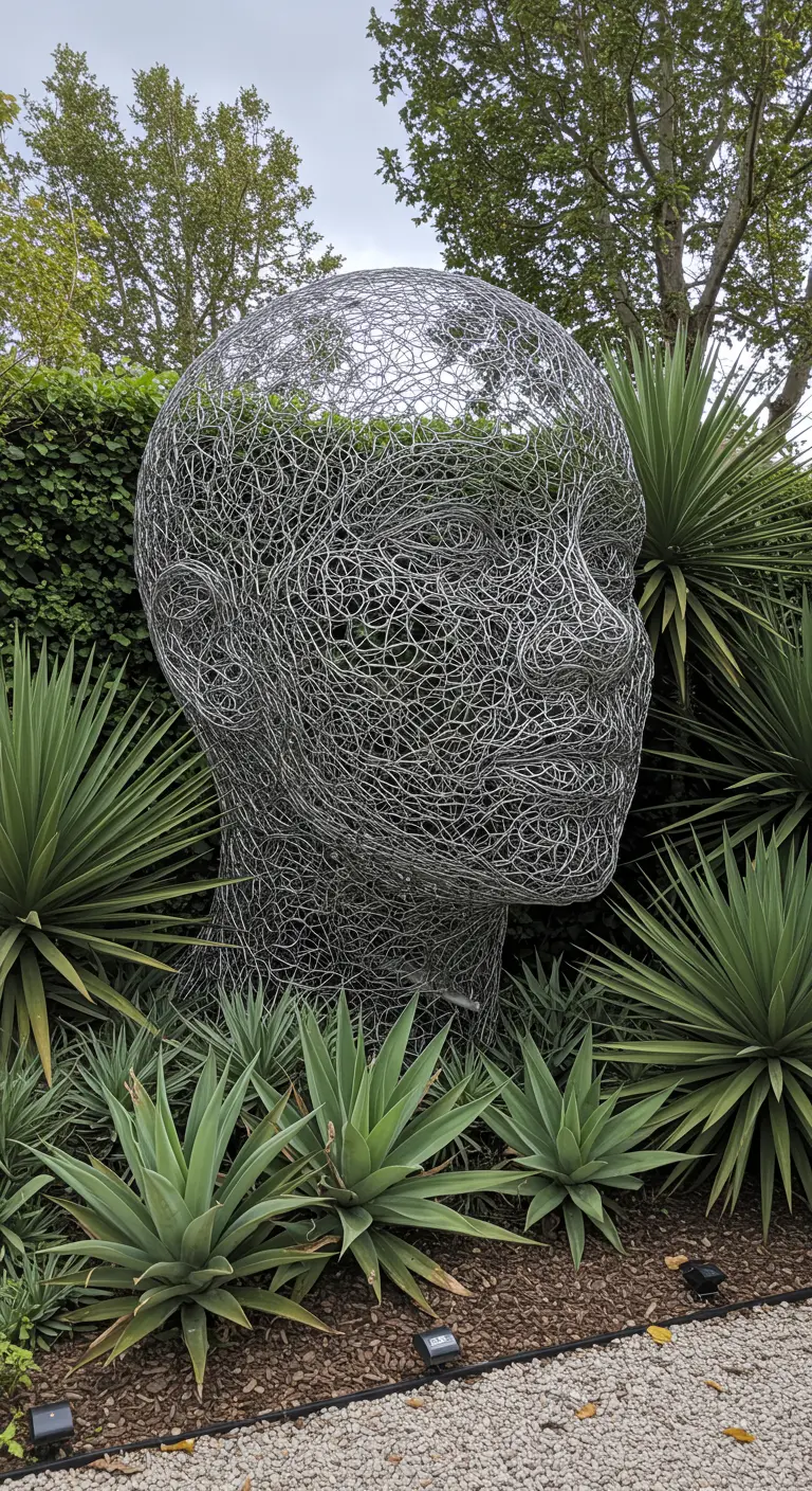 Groot hoofdsculptuur gemaakt van verweven metaaldraad, omringd door agaveplanten.