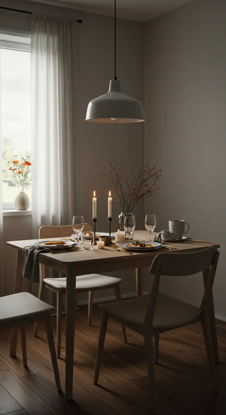 Sfeervolle eethoek met een hanglamp die de tafel verlicht, aangevuld met kaarslicht.