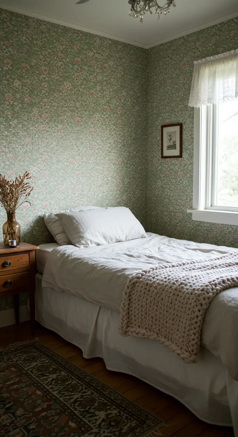 Rustige slaapkamer met lichtgroen bloemenbehang, houten nachtkastje en gedroogde bloemen.