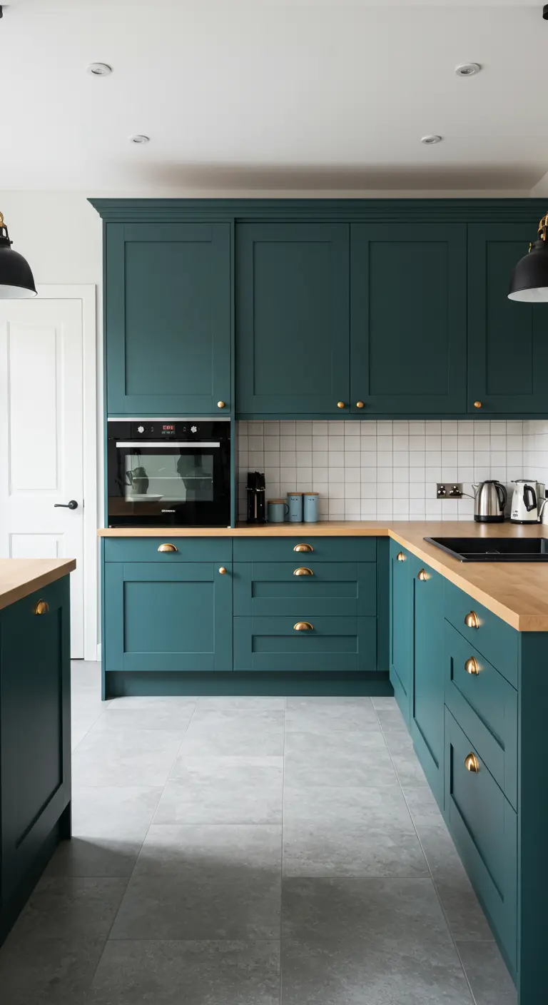 Diep blauwgroene keuken met een houten werkblad, messing knoppen en een lichte tegelvloer.