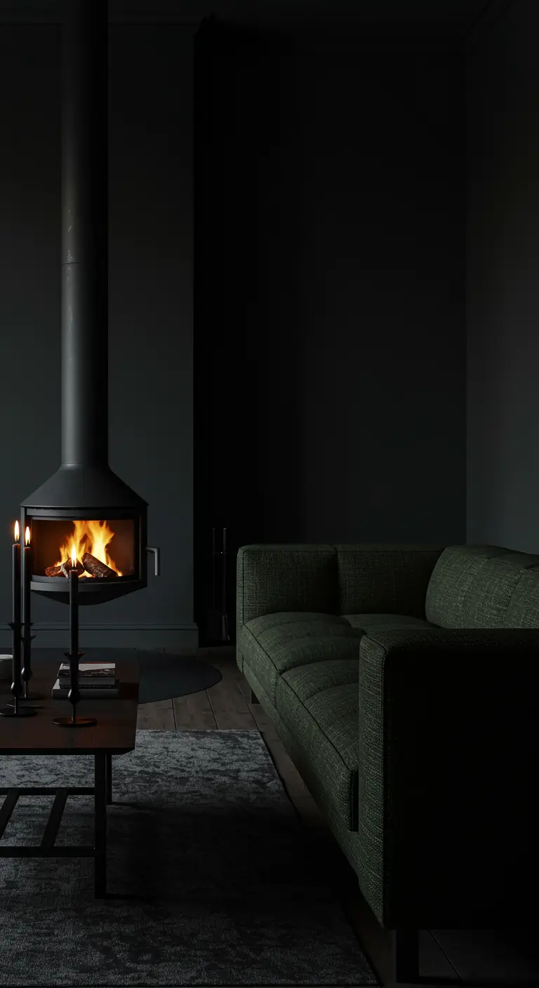 Donkere minimalistische woonkamer met zwarte muren, hangende haard en groene bank.
