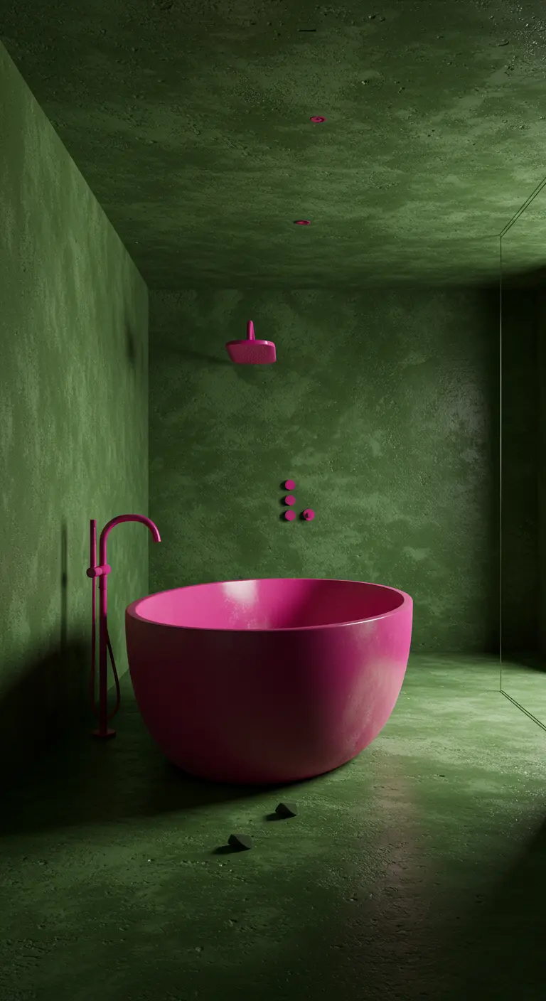 Minimalistische badkamer met olijfgroene beton ciré muren en een felroze bad en kraan.