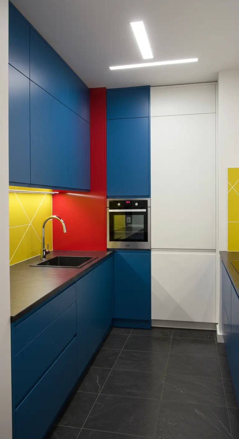Compacte keuken met blauwe kasten, rode accentmuur en gele backsplash met witte lijnen.