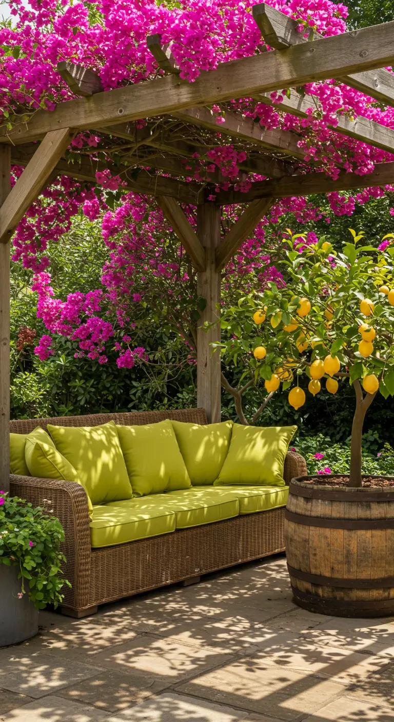 Tuin met rotan bank onder een pergola met roze bloemen en een citroenboom.