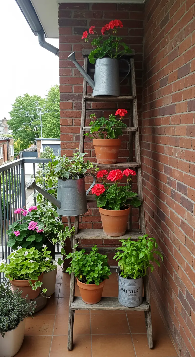 Oude houten ladder tegen een bakstenen muur, gebruikt als etagère voor planten in potten.