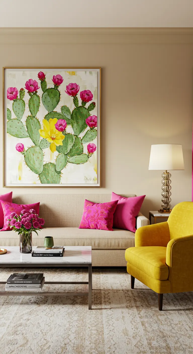Woonkamer met een groot schilderij van een cactus, met bijpassende roze en gele accenten.