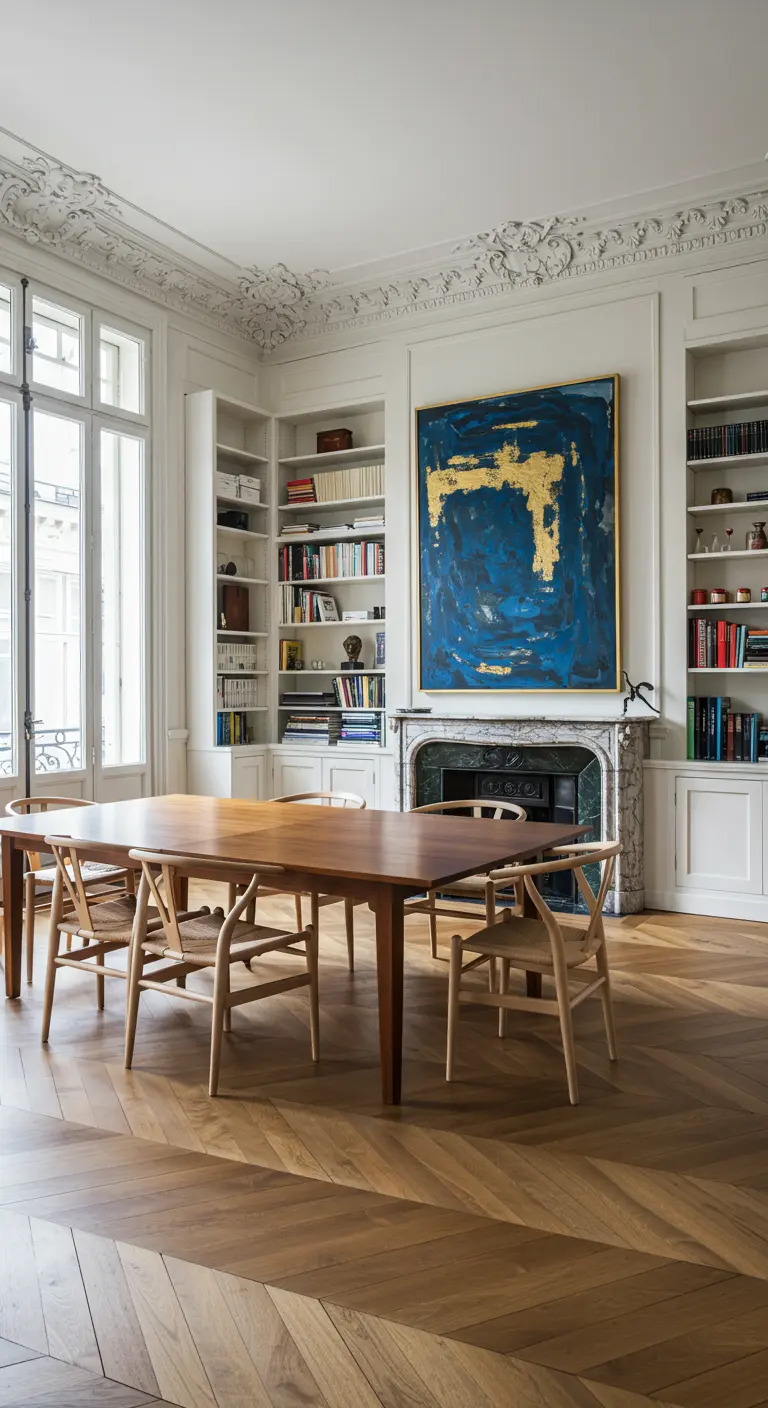 Eetkamer in Parijse stijl met houten visgraatvloer, inbouwkasten en een groot blauw-goud schilderij.