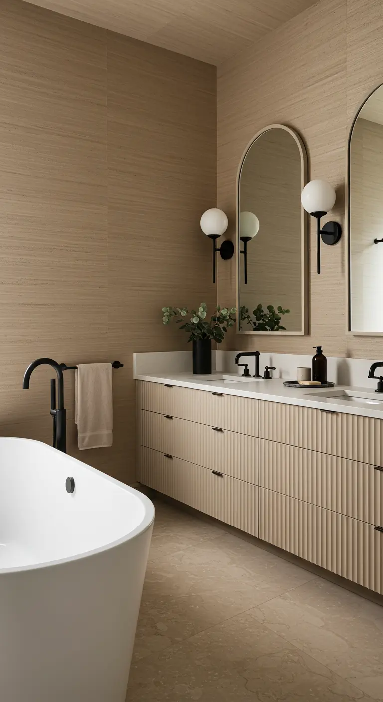 Badkamer met een lang, geribbeld beige badkamermeubel en twee boogspiegels.