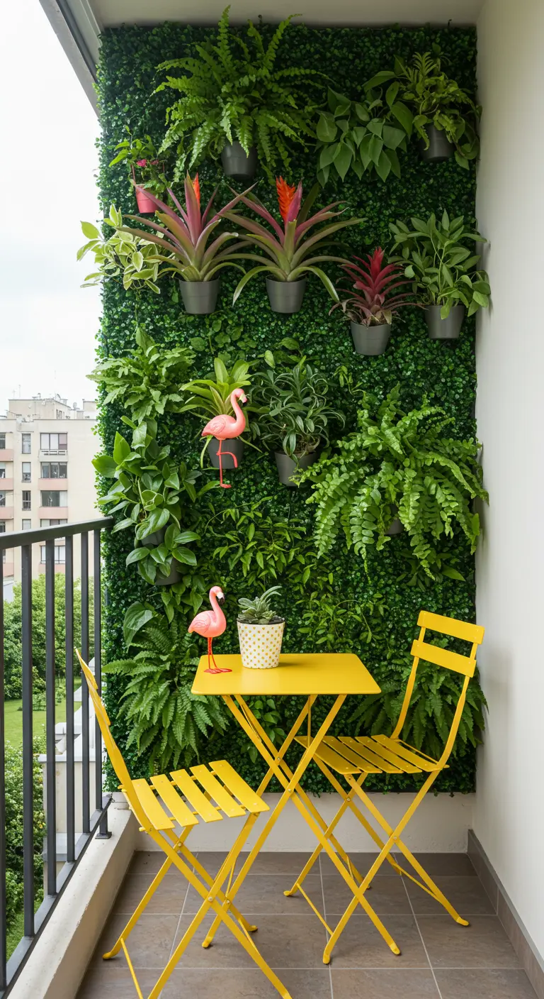 Gele bistroset voor een verticale tuinwand op een smal balkon.