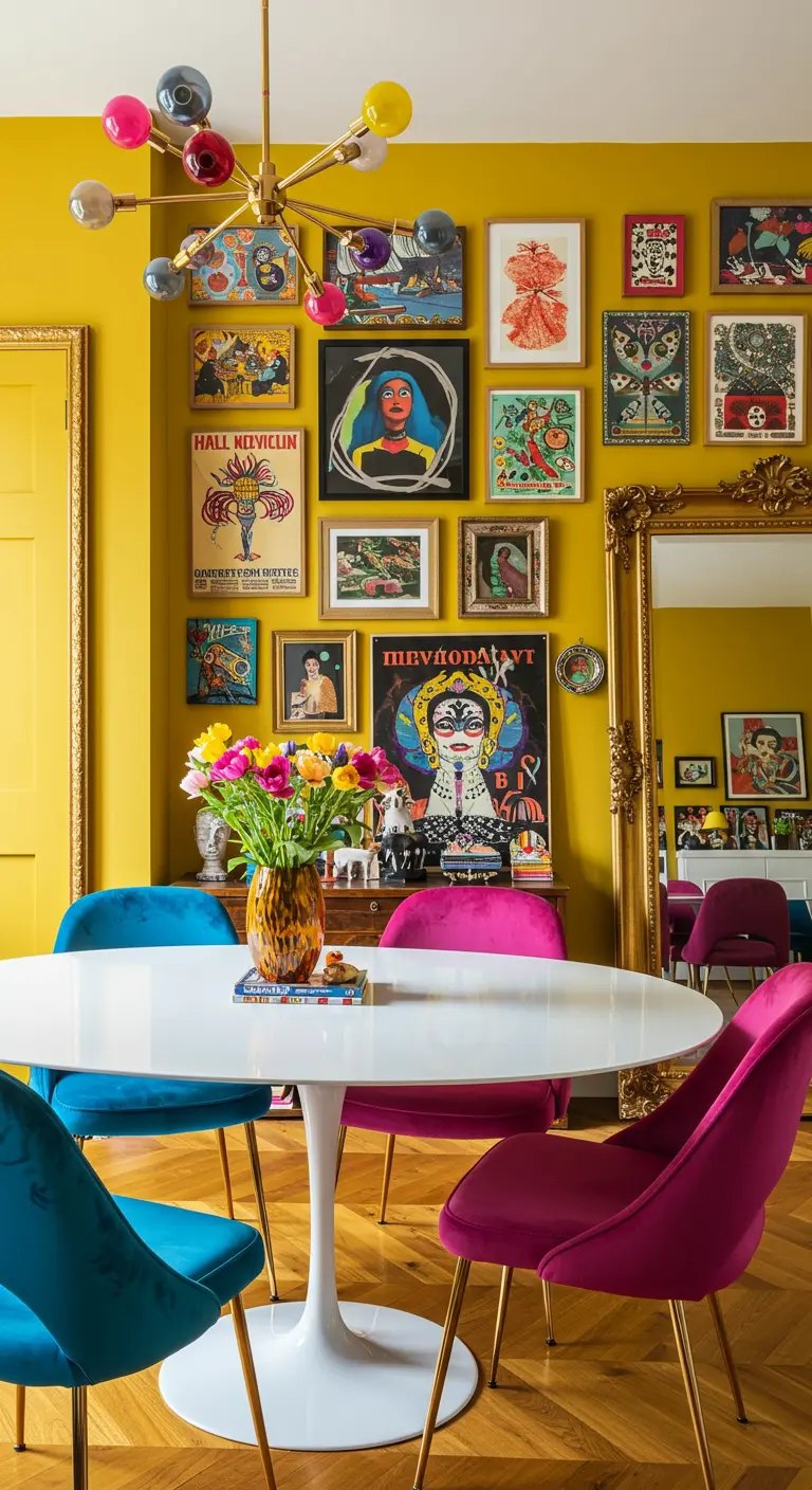 Eclectische eetkamer met een knalgele muur, een gallery wall en kleurrijke fluwelen stoelen.