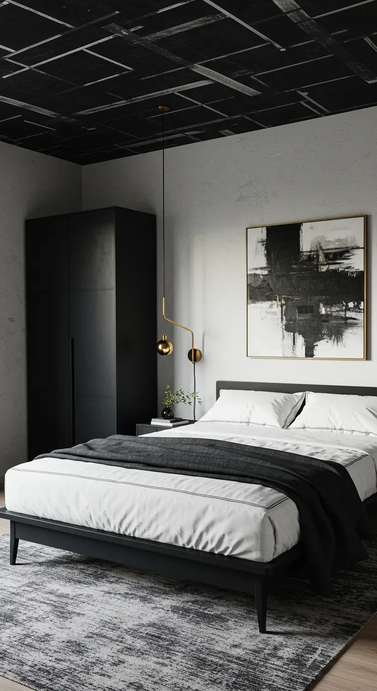 Moderne slaapkamer met een zwart-grijs geverfd systeemplafond en een minimalistische gouden hanglamp.