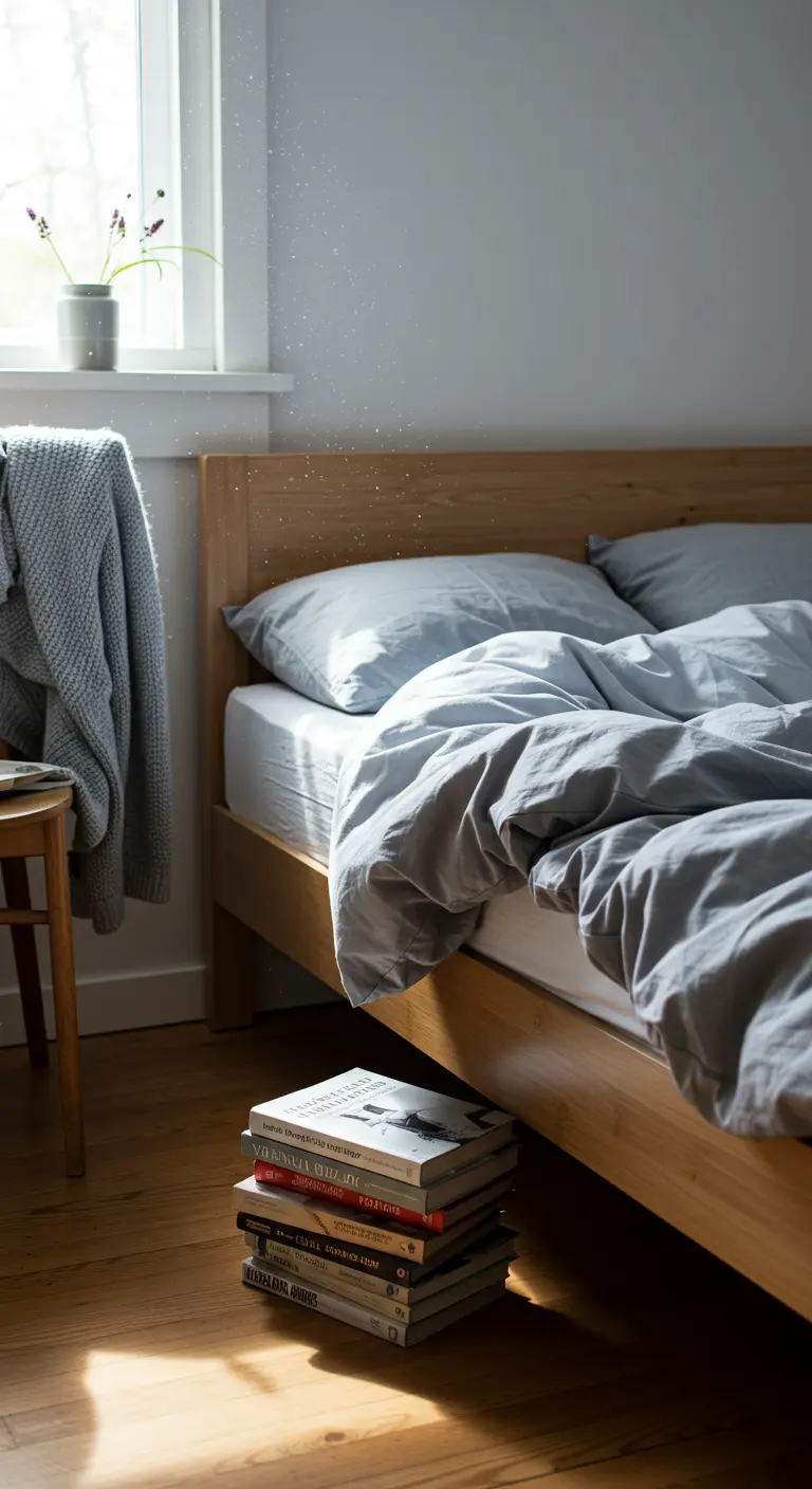 Een stapel boeken op de houten vloer naast een bed, gebruikt als nachtkastje.