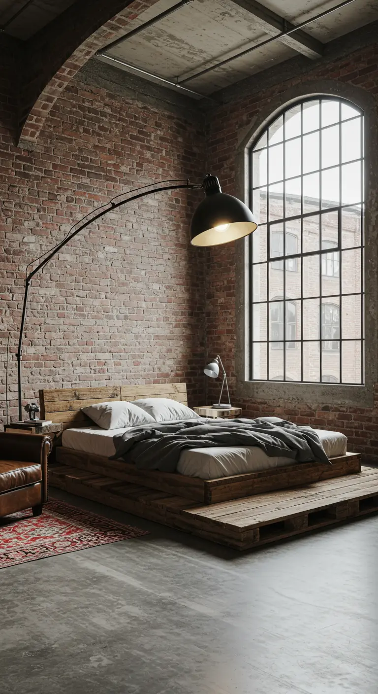 Industriële slaapkamer met bakstenen muur en een grote zwarte booglamp die over het bed hangt.