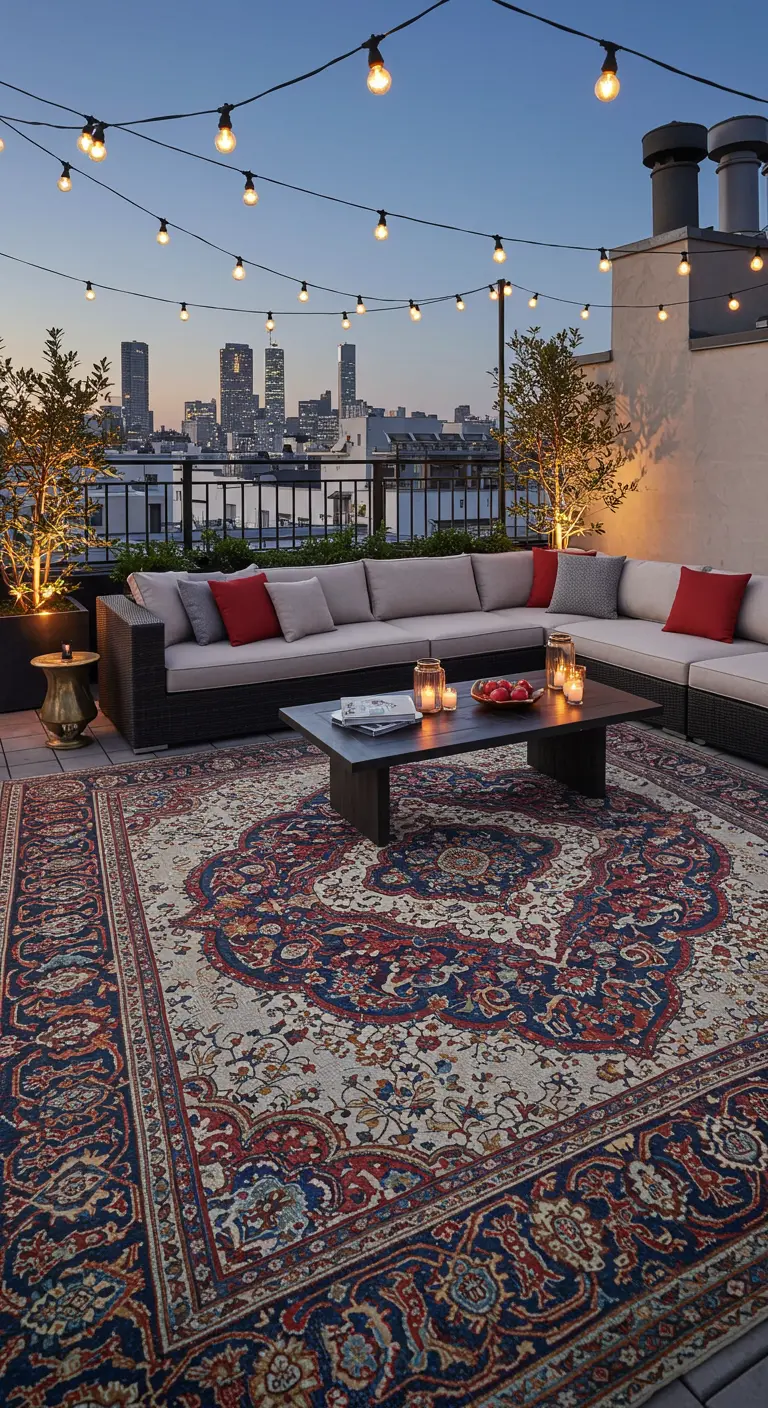 Groot dakterras met een loungebank, lichtslingers en een groot Perzisch buitenkleed.