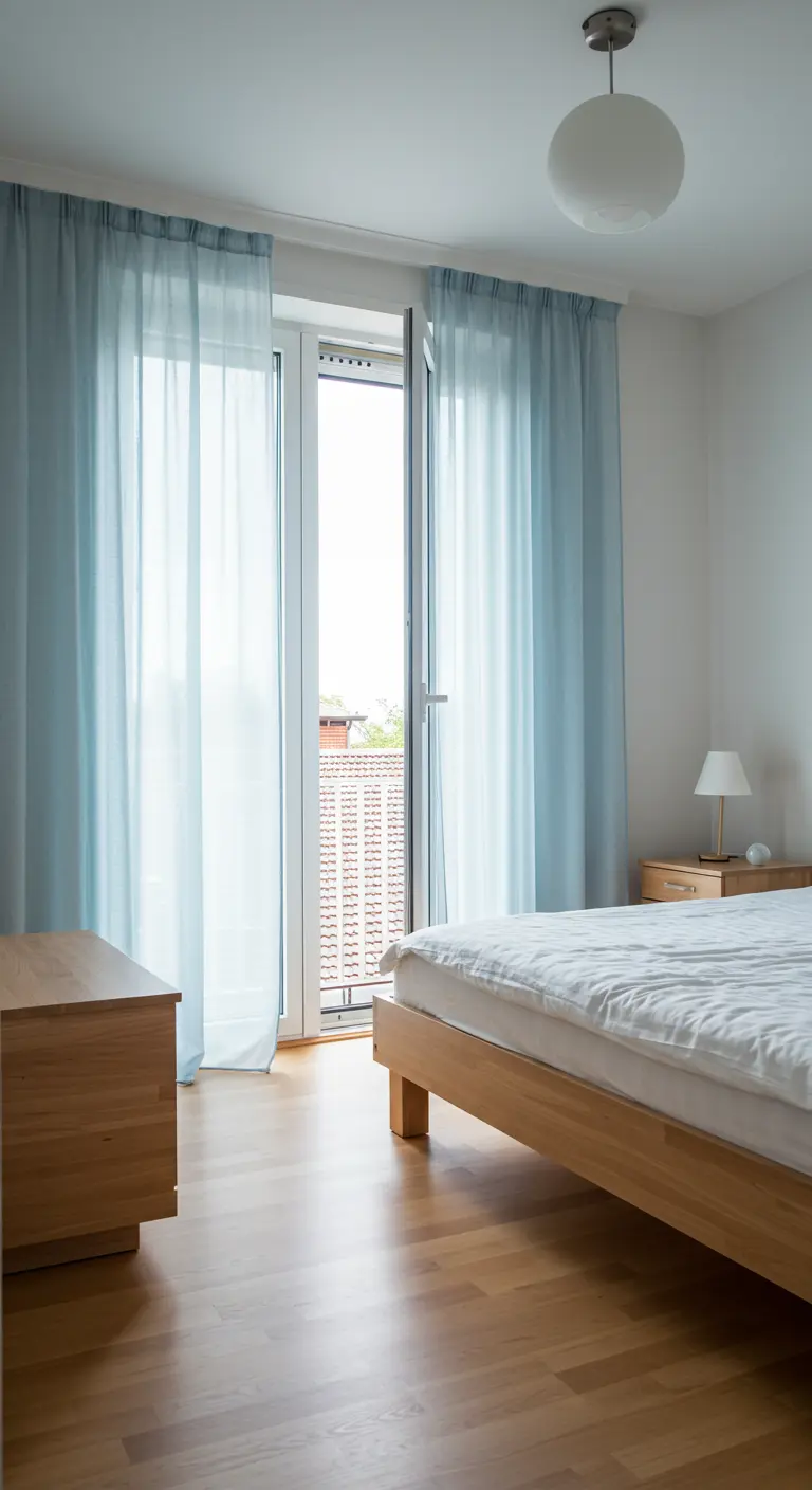 Lichte slaapkamer met een houten bed en ijsblauwe, doorschijnende gordijnen voor een balkondeur.