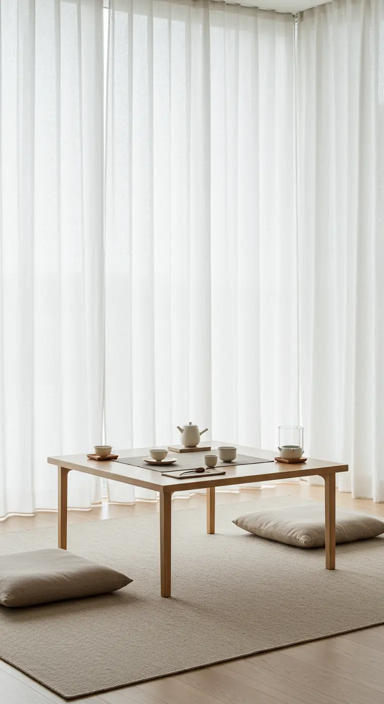 Lage houten tafel en kussens voor een groot raam met witte, doorschijnende gordijnen.