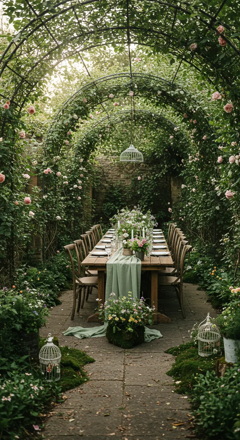 Tafel onder een rozenboog in een geheime tuin met bloemendecoratie.