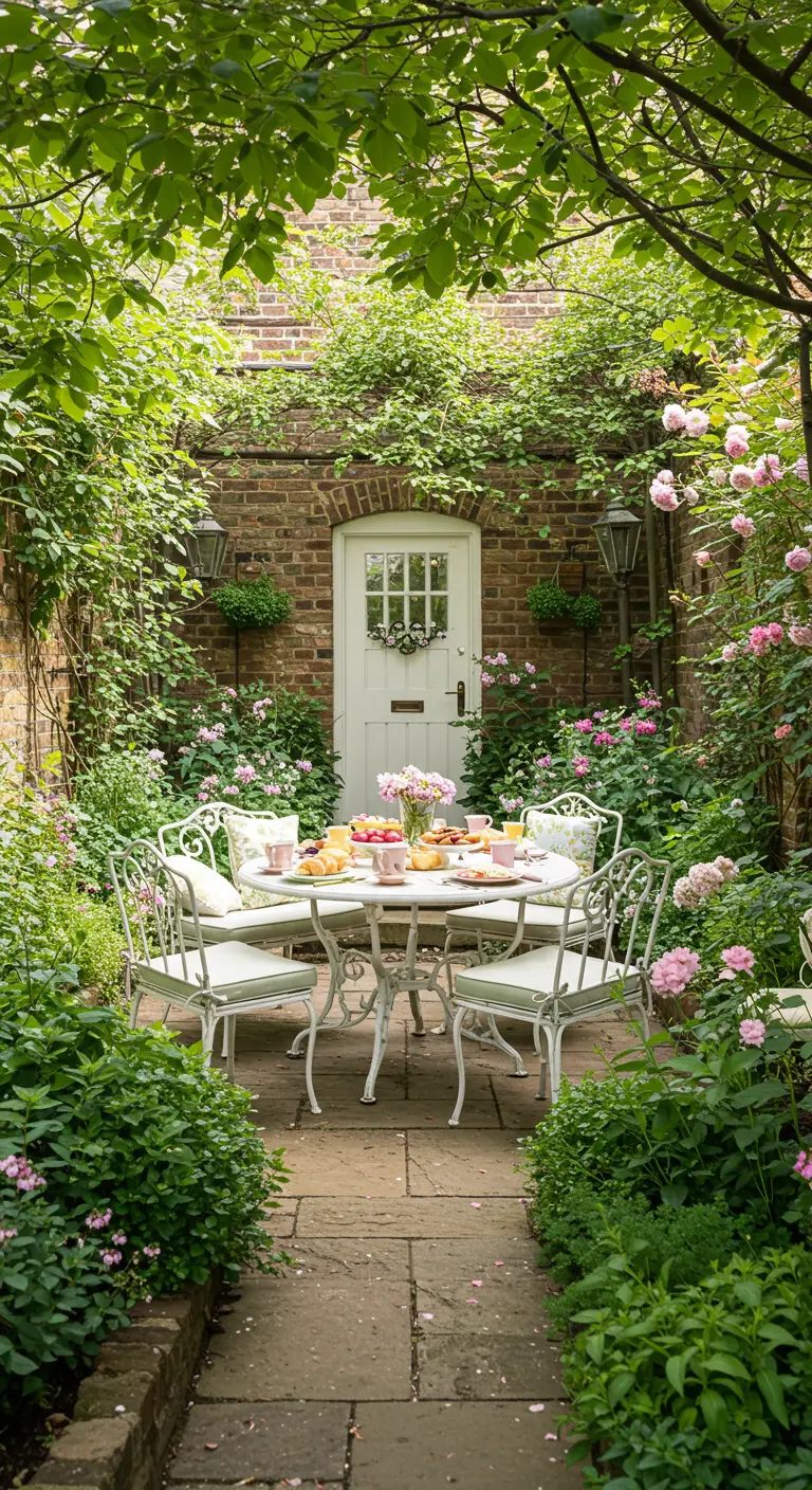 Knusse tuin met bakstenen muur, ronde witte tuintafel, stoelen en bloeiende planten.