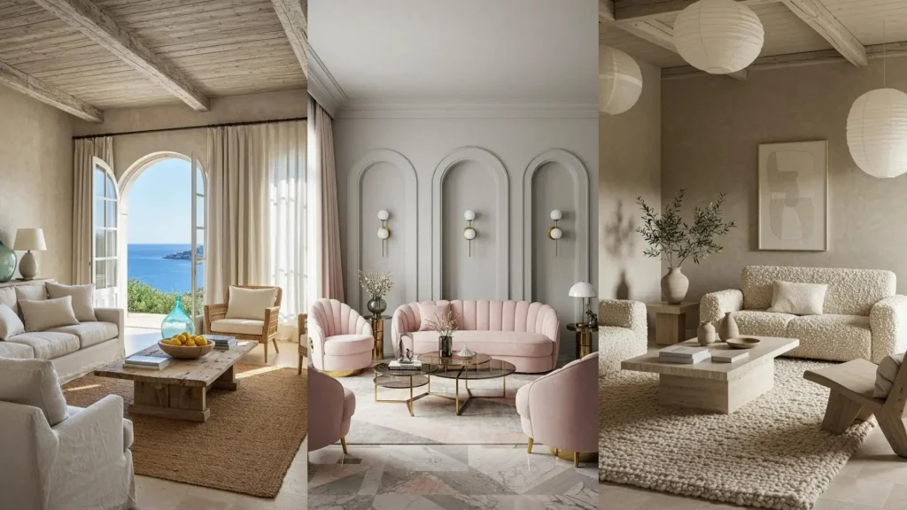 Meerdere stijlvolle woonkamers, inclusief een lichte, Zuid-Franse kustvilla met uitzicht op zee en rustieke details.