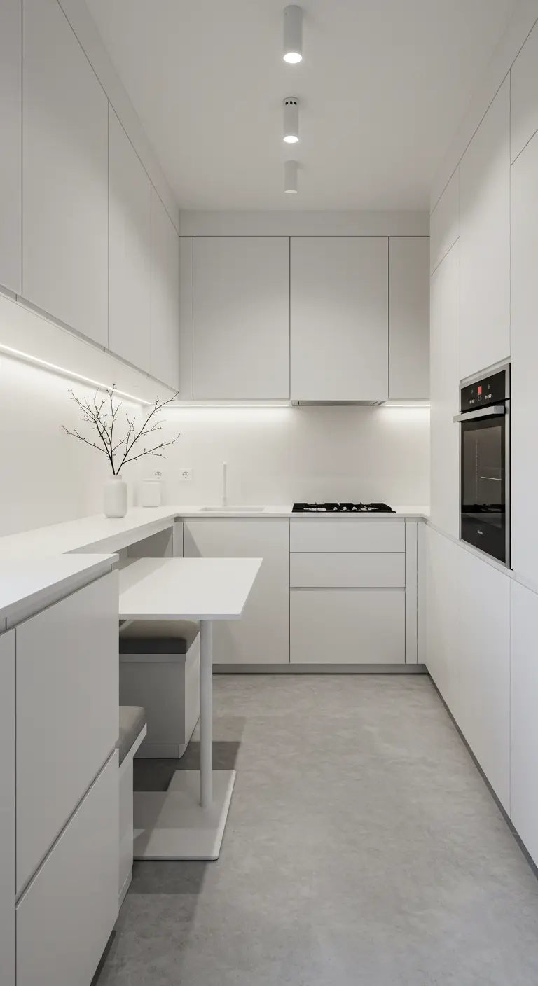 Strakke, witte minimalistische keuken met een geïntegreerde uitschuifbare eettafel en zitbank