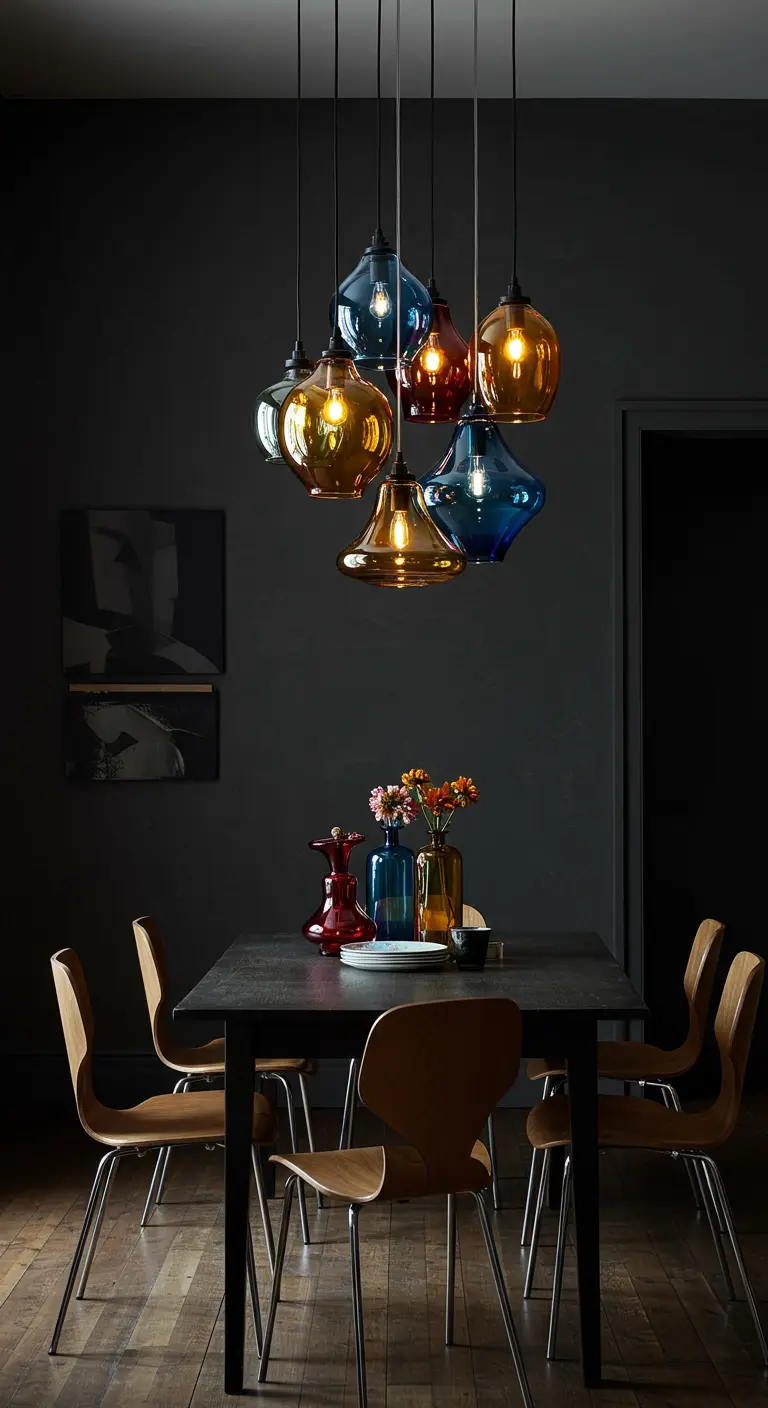 Cluster van gekleurde glazen hanglampen in blauw en amber boven een donkere eettafel.