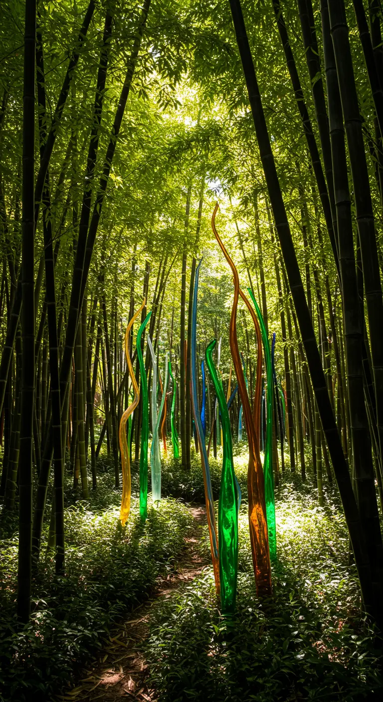 Kleurrijke, golvende glasobjecten in een bamboebos, verlicht door de zon.
