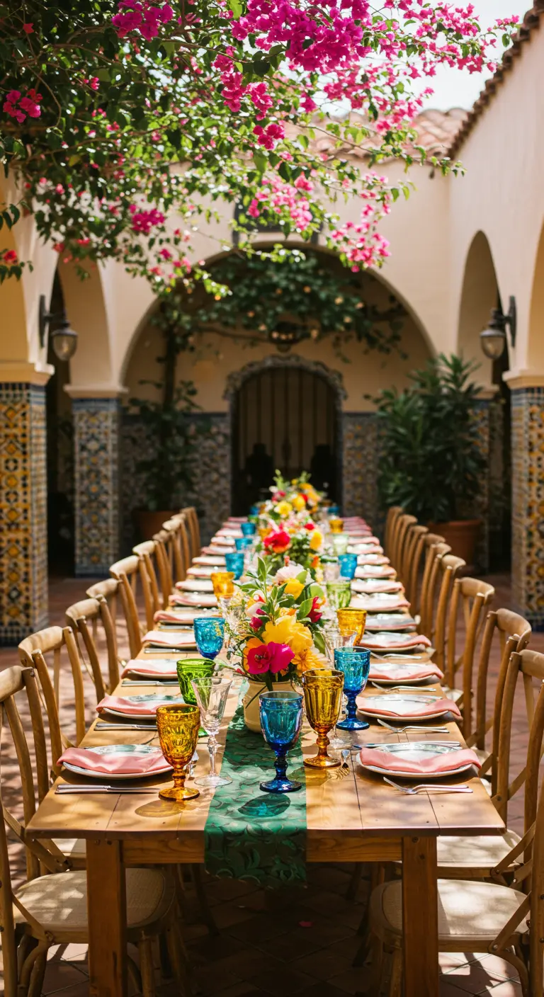 Lange dinertafel met gekleurde glazen in geel en blauw, en een groen-blauwe tafelloper.