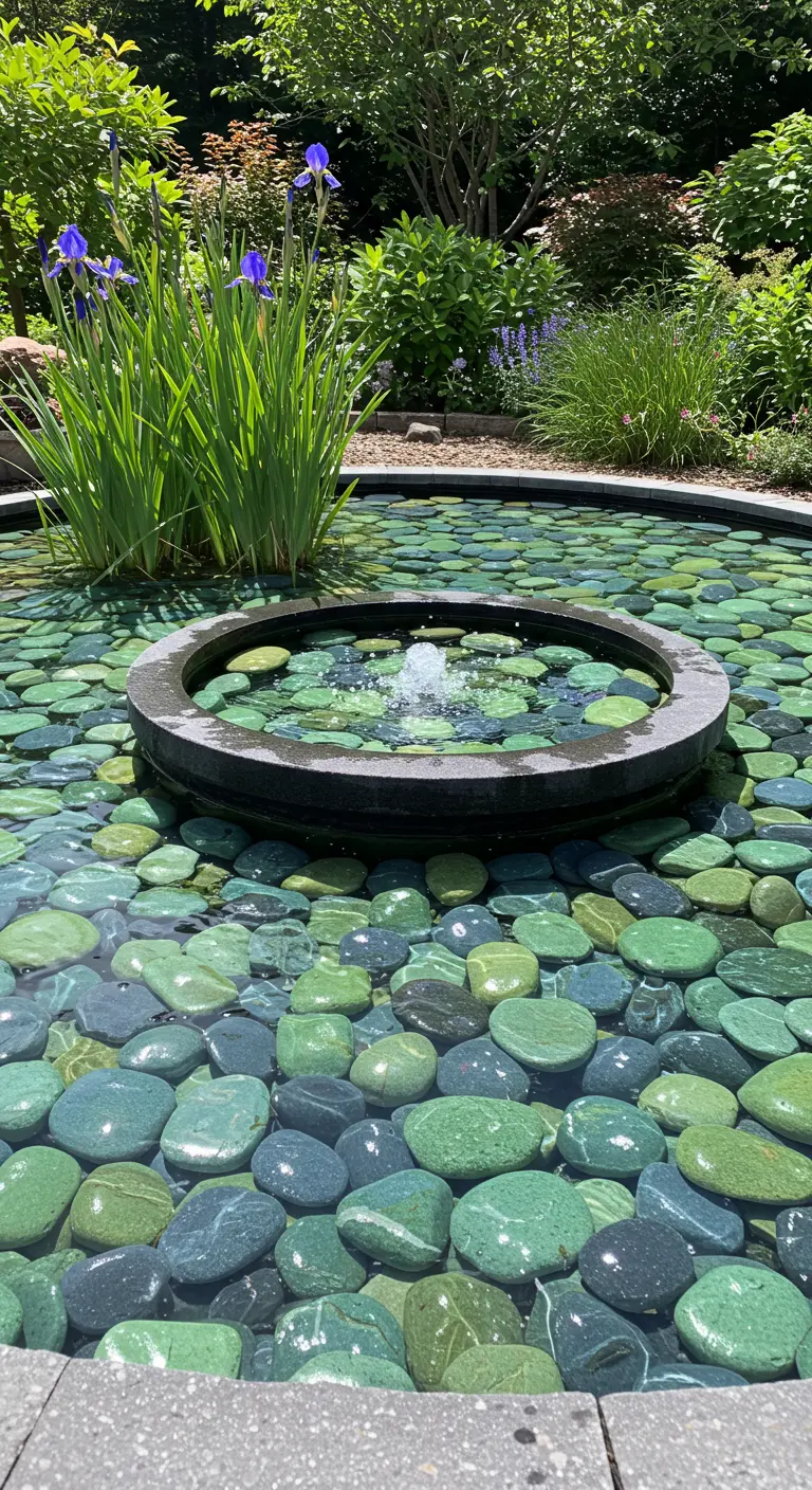 Moderne fontein gevuld met water en glanzende, afgeronde stenen in diverse groentinten.