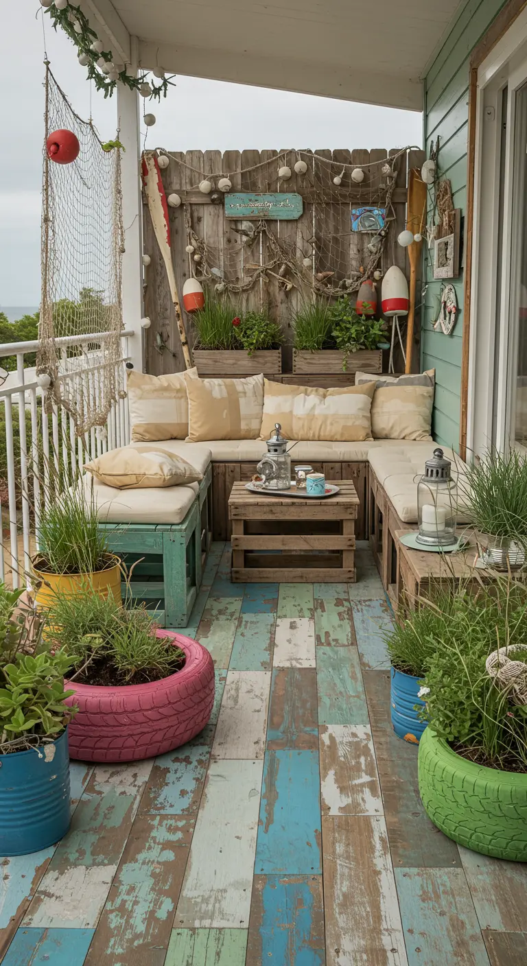 Balkon met patchwork vloer van gekleurde palletplanken, palletbank, vissersnet en gekleurde band-potten.