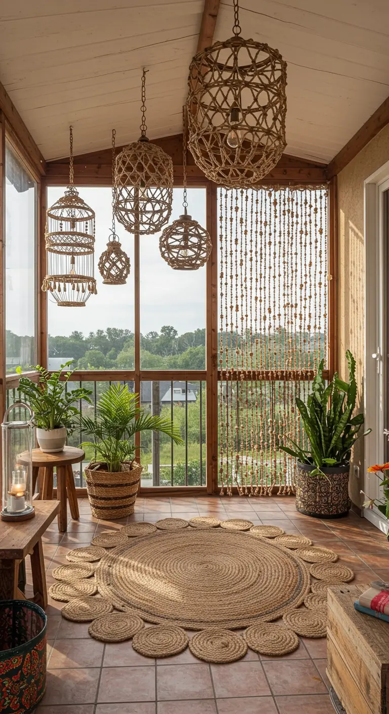 Overdekt balkon met verschillende geweven lampenkappen, een macramé gordijn en een rond jutekleed.